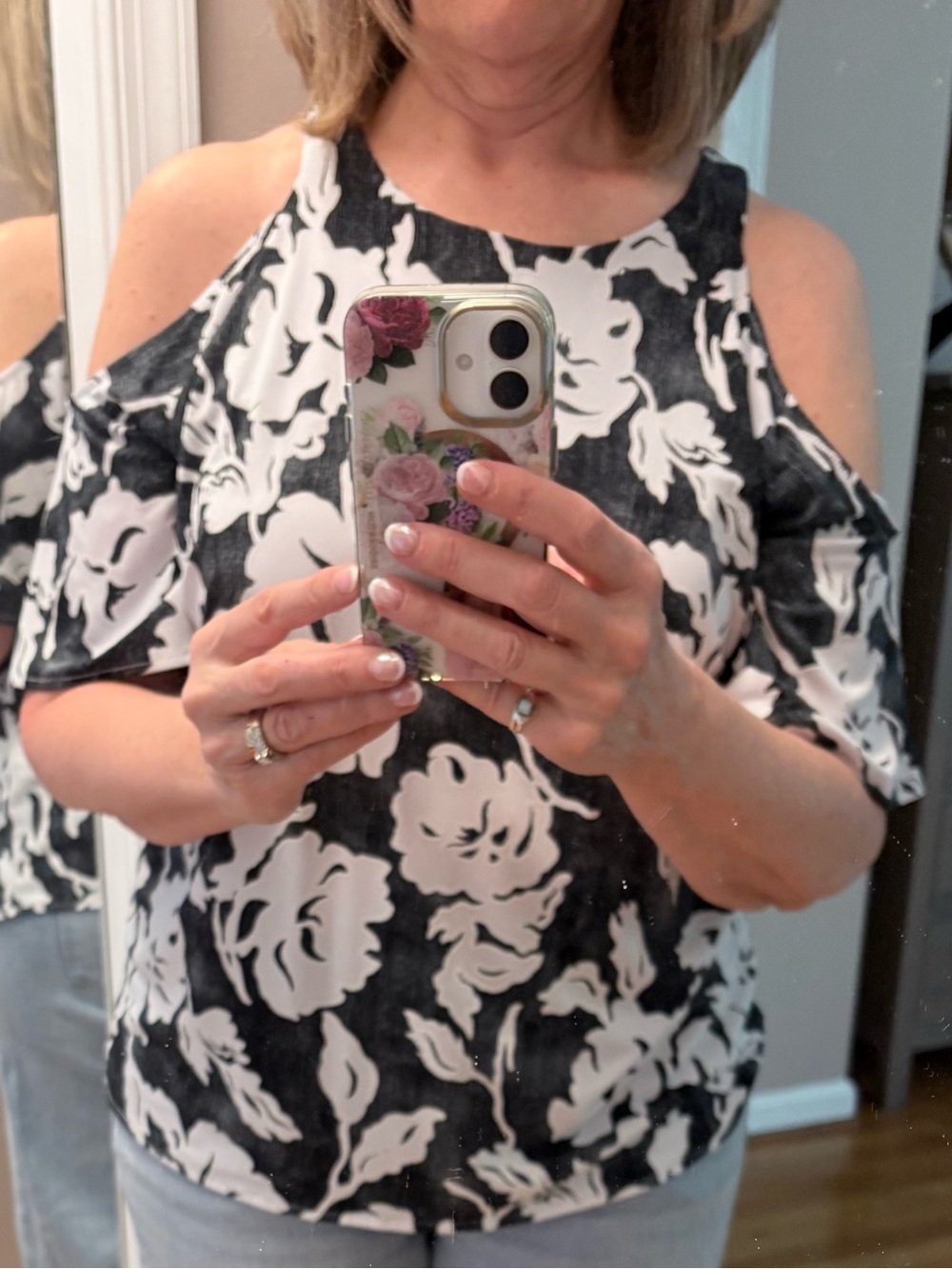 INC International Concepts Black and White Floral Cold-Shoulder Blouse